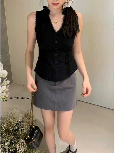 Sleeveless V-neckline Lace Trim Back Tie Blouse